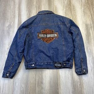 VINTAGE Harley Davidson Trucker Jacket Boys Large 16/18 Blue Patch Logo Denim *